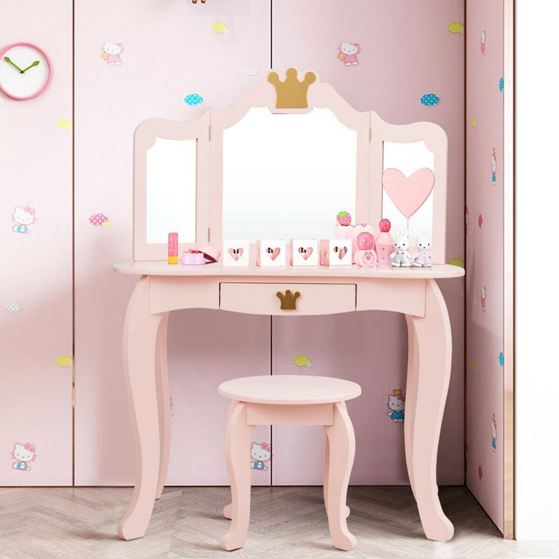 Costway Kids Makeup Dressing Table Chair Set Princess Vanity & Tri-folding Mirror, 4 of 11
