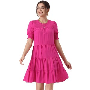 Allegra K Women's Round Neck Short Puff Sleeve Tiered Boho Smocked Dresses - 1 of 4