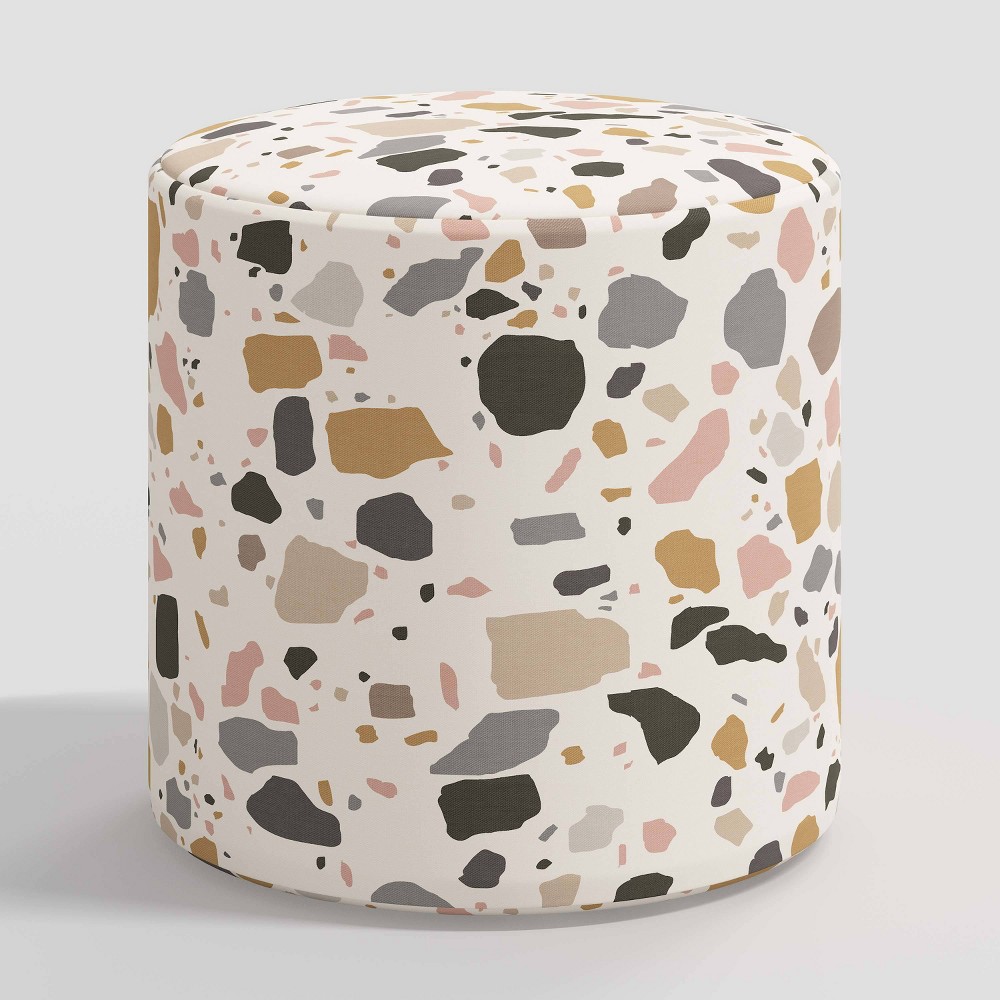 Skyline Furniture Round Thalia Ottoman in Patterns Terrazzo Mustard: Cotton Upholstered Footrest, No Assembly Required