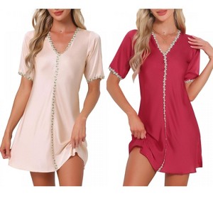 INSPIRE CHIC Women's 2 Pcs Floral Satin Sleep Dress A-Line Soft V-Neck Short-Sleeve Loungewear - 1 of 4
