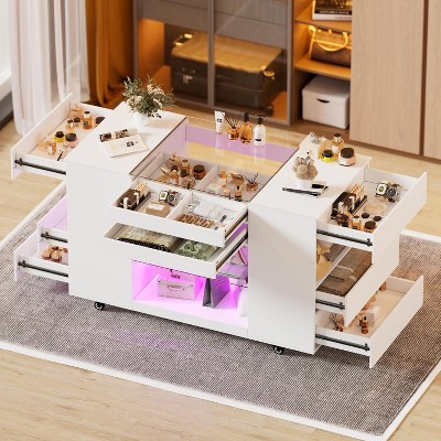 PAKASEPT Glass-Top Closet Organizer White Dressing Island Ample Storage Dresser, with Glass Top Display Shelf & 8 Drawers & LED Light & Wheels
