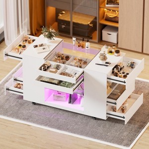 PAKASEPT Glass-Top Closet Organizer White Dressing Island Ample Storage Dresser, with Glass Top Display Shelf & 8 Drawers & LED Light & Wheels - 1 of 4