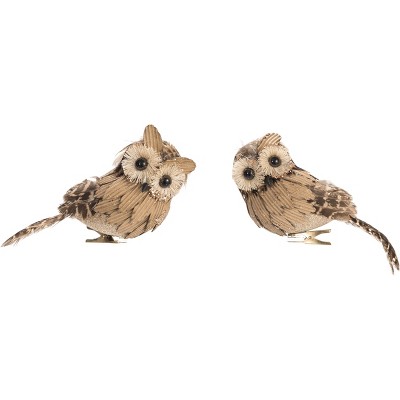 Transpac Feather Owl Clip Set of 2 Christmas Home Decorations
