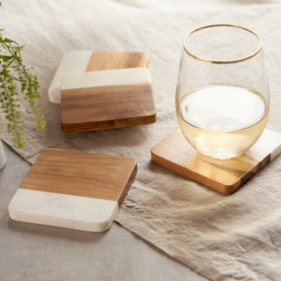 Modern Square Marble and Acacia Wood Coaster Set