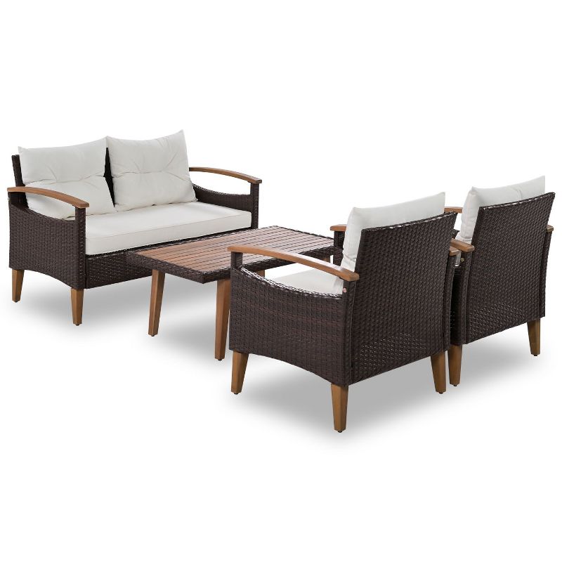 4-Piece PE Rattan Patio Conversation Sets with High Quality Acacia Wood Table, Armrests and Legs, Free Desktop Cover - Maison Boucle, 2 of 8