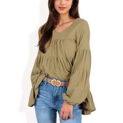 Anna-Kaci Women's Tiered Babydoll Top with Long Puff Sleeves