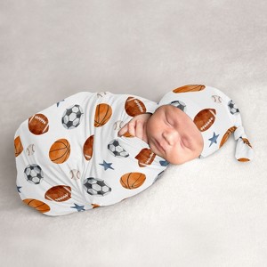 Sweet Jojo Designs Boy Baby Cocoon and Beanie Hat Swaddle Wrap Watercolor Sports Theme Blue Brown and Orange 2pc - 1 of 4