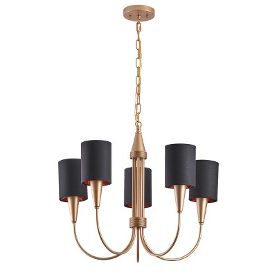 6-Light Gold Chandelier with Black Fabric Shades, Modern Vintage Pendant Lighting for Dining Room, Bedroom