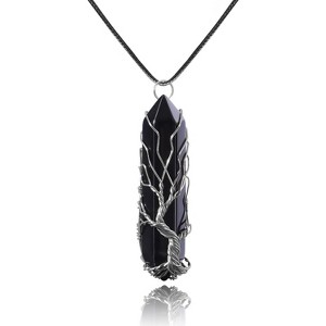 Tree of Life Crystal Necklace, Wire Wrapped Natural Stone Reiki Healing Jewelry Black Agate-Silver-Leather Chain - 1 of 4