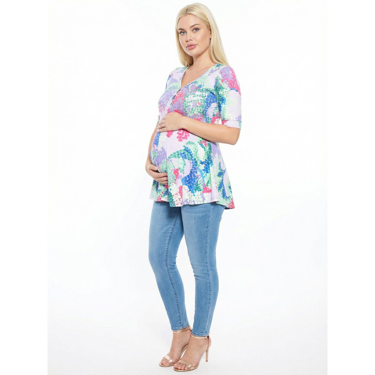 24seven Comfort Apparel Maternity Abstract V Neck Elbow Sleeve Henley Tunic Top - thumbnail 2