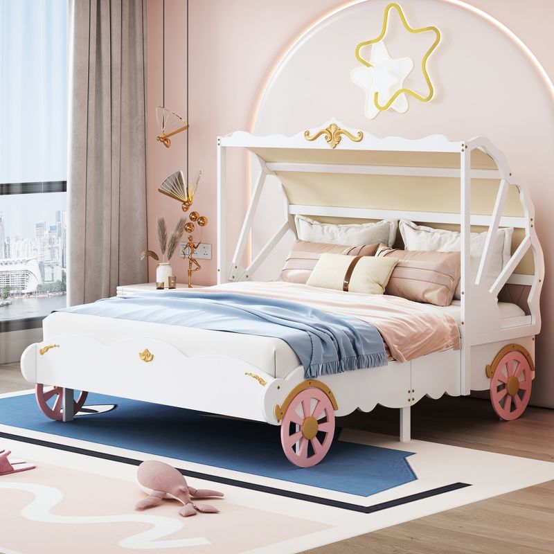 Full/Twin Size Princess Carriage Bed with Canopy, Wood Platform Bed with 3D Carving Pattern, White+Pink-ModernLuxe, 1 of 10