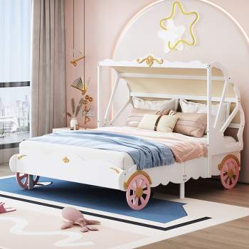 Full/Twin Size Princess Carriage Bed with Canopy, Wood Platform Bed with 3D Carving Pattern, White+Pink-ModernLuxe