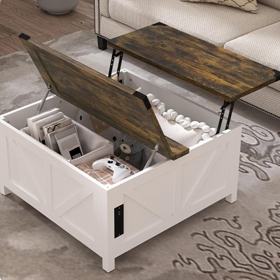 Lift Top Coffee Table, Square Rattan Center Table with Large Hidden Storage, Farmhouse Coffee Table with Charging Station&USB Ports