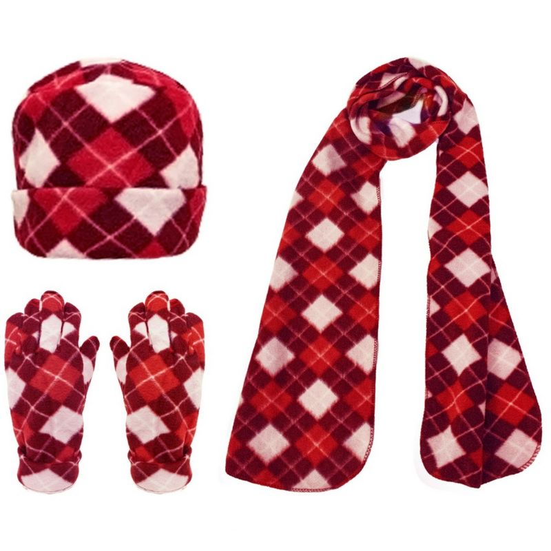 Women's Plaid 3-Piece Fleece Winter Set gloves scarf Hat, 1 of 6