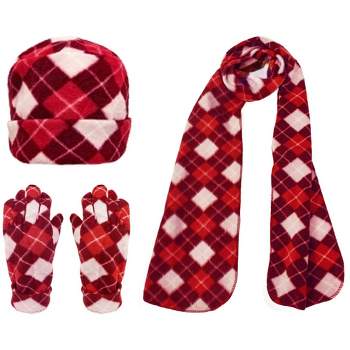 Women's Plaid 3-Piece Fleece Winter Set gloves scarf Hat