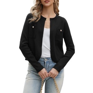 INSPIRE CHIC Women's Open Front Knit Dressy Long Sleeve Crew Neck Casual Pockets Cardigans - 1 of 4