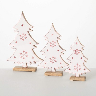 12.5"H  10.5"H & 8.5"H Sullivans Christmas White Wood Snowflake Tree Set of 3  Red-White