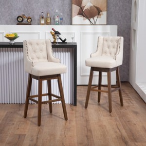 360 Degrees Swivel Bar Stool Set Of 2,Kitchen Chair With Footrest And Wood Legs,Linen Fabric Fixed Counter Height Chair-Cuddlewood - 1 of 4
