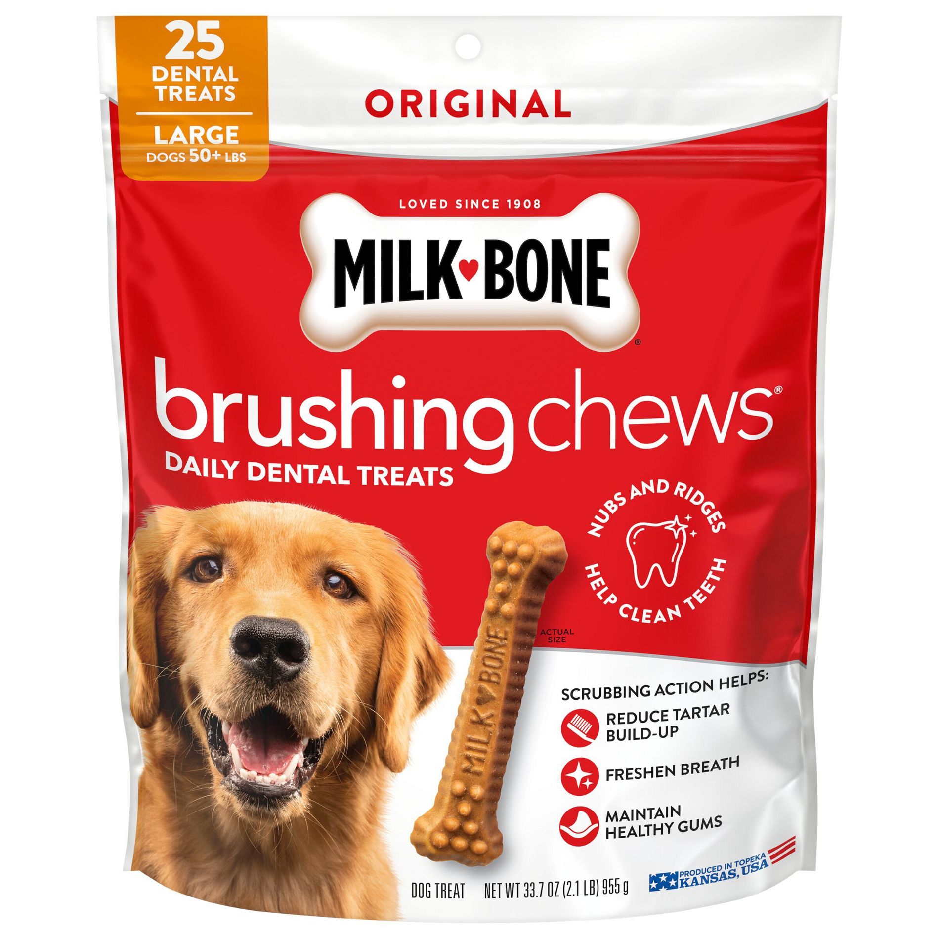 Milk-Bone Beef Brushing Chews Daily Flavored Dental Dog Treats Large - 33.7oz/25ct