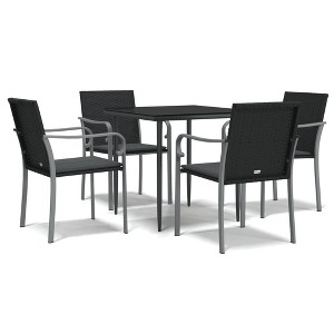 vidaXL Patio Dining Set Table and Chair with Cushions Poly Rattan and Steel - Black 31.5" Table Length 4 Chairs - 1 of 4