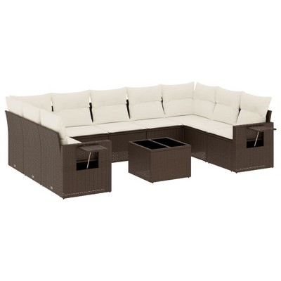 vidaXL 10 Piece Patio Sofa Set with Cushions Brown Poly Rattan - Brown and cream Without table