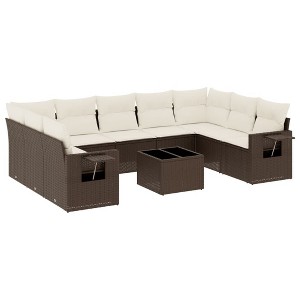 vidaXL 10 Piece Patio Sofa Set with Cushions Brown Poly Rattan - Brown and cream Without table - 1 of 4