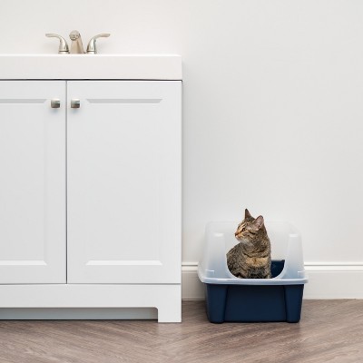 Navy Plastic Open-Top Cat Litter Box with Shield