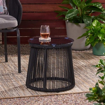 Outdoor Round Side Table with Metal Frame,Patio Accent Table with Tempered Glass Top,Modern Rope Side Table for Balcony-Cuddlewood