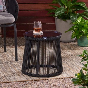 Outdoor Round Side Table with Metal Frame,Patio Accent Table with Tempered Glass Top,Modern Rope Side Table for Balcony-Cuddlewood - 1 of 4
