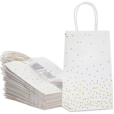 Sparkle and Bash 25-Pack White & Gold Dots Paper Gift Bags with Handles for Wedding, Party Favors, 8.6x3.5 in