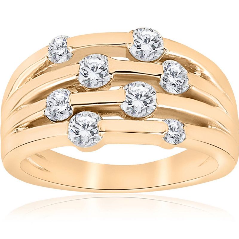 Pompeii3 1ct Yellow Gold Real Diamond 14K Right Hand Womens Fashion Multi Row Ring, 1 of 6