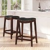 Merrick Lane 30'' Backless Saddle Style Barstool Traditional Cappuccino Finish Wood Barstool in Black Faux Leather with Nail Accent Trim - 2 of 4
