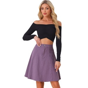 INSPIRE CHIC Women's High Waist A-Line Flared Pleated Above Knee Denim Skirt - 1 of 4