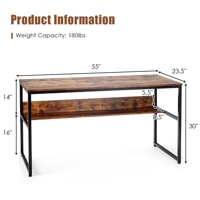 Tangkula 55" Industrial Computer Desk Contemporary Writing Table with Storage Shelf  Coffee/Antique/Natural, 3 of 6