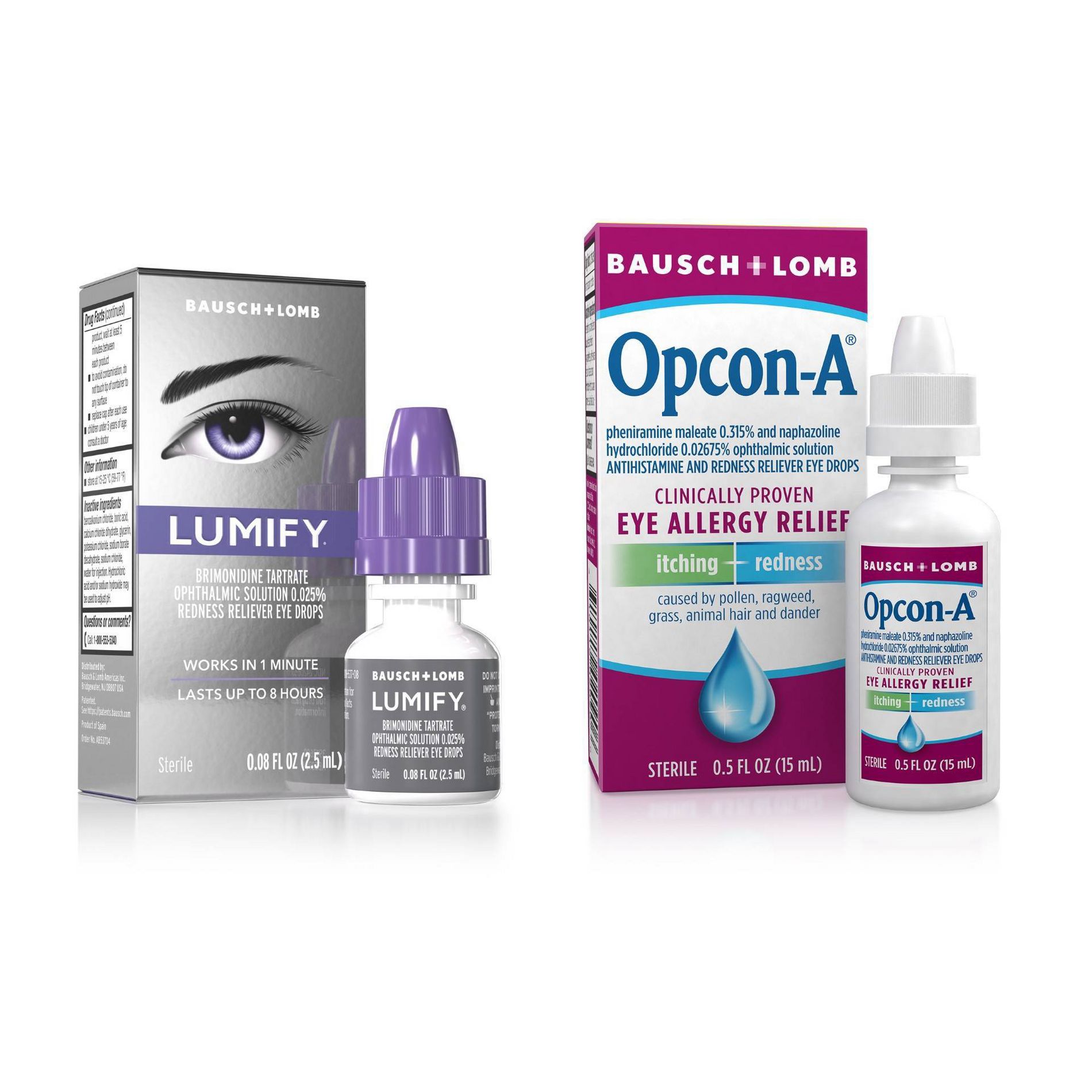 Lumify 2.5ml Eye Drops for Redness Relief + Opcon-A 0.5 fl oz Allergy Eye Drops for Itch and Redness Relief