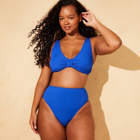 Shade & Shore Women's Curvy Fit Ribbed High Waist High Leg Cheeky Coverage Bikini Bottom - Shade & Shore™ Blue XS