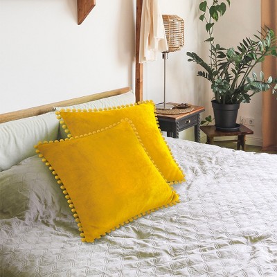 Mustard Yellow Velvet Square Throw Pillow Covers with Pom Pom Fringe, 20'' x 20''