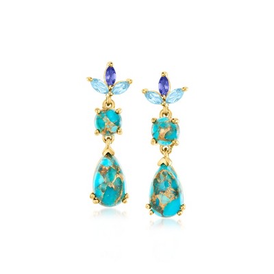 Ross-Simons Turquoise, .20 ct. t.w. Sky Blue Topaz and .10 ct. t.w. Iolite Drop Earrings in 18kt Gold Over Sterling