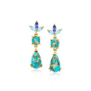 Ross-Simons Turquoise, .20 ct. t.w. Sky Blue Topaz and .10 ct. t.w. Iolite Drop Earrings in 18kt Gold Over Sterling - 1 of 3