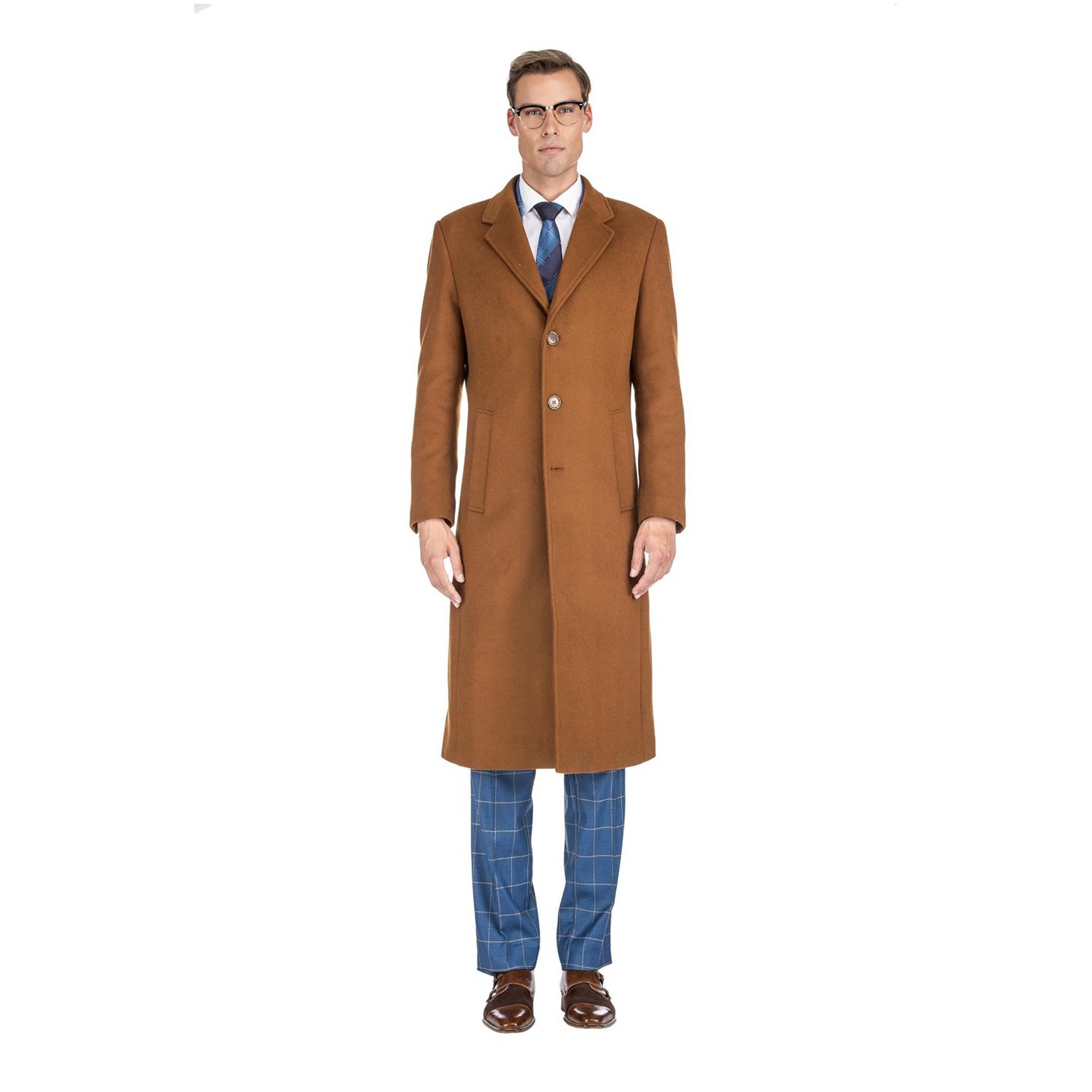 Мужская куртка Braveman Knee Length Wool Blend Three Button Long Jacket Overcoat Top Coat Caramel — фото 1
