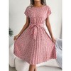 Womens Floral Pleated Dress Cap Sleeve Round Neck Belted Skater Midi Dress Short Sleeve Casual Dress for Summer - 4 of 4