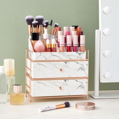 Glamlily White Marble Makeup Organizer with Rose Gold Trim, Cosmetic Storage Drawers for Vanity (9.5 x 9.5 x 5.5 in)
