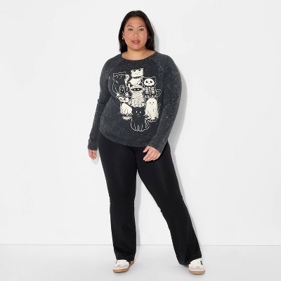 Women's Halloween Cats Long Sleeve Graphic T-Shirt - Black