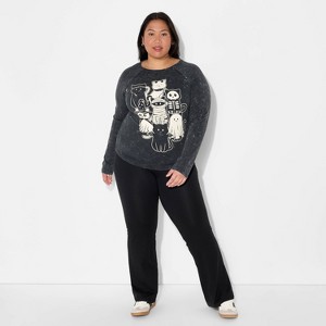 Women's Halloween Cats Long Sleeve Graphic T-Shirt - Black - 1 of 3
