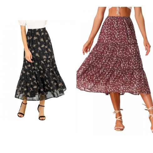 Allegra K Women s Floral Elastic Waist Tiered Ruffle Boho Midi Skirt 2 Packs Black brown X small Target