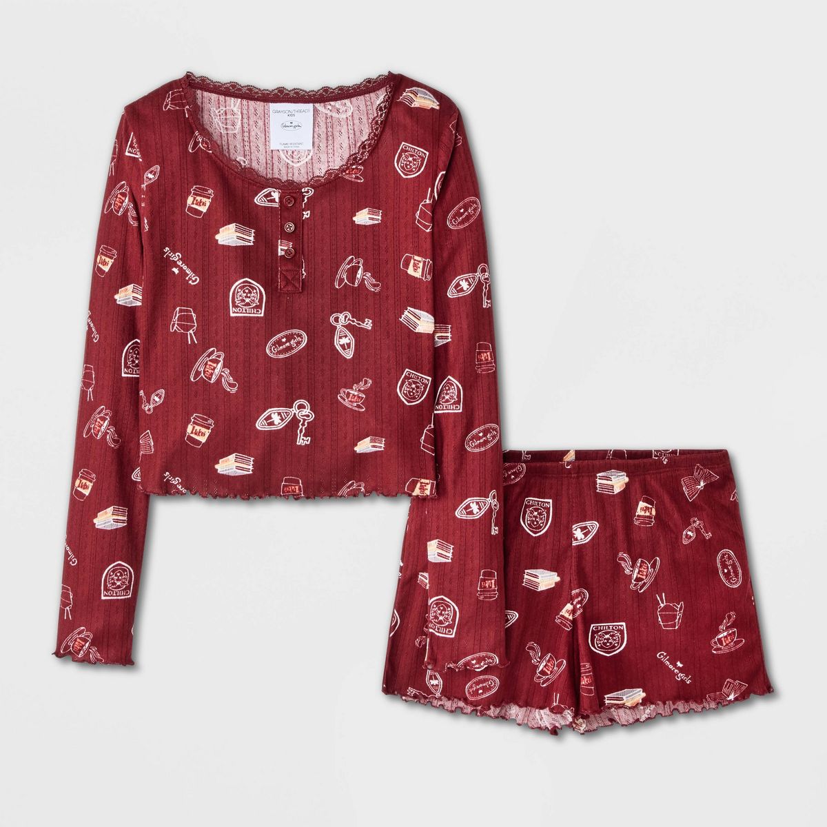 Girls' 2pc Gilmore Girl Long Sleeve Pointelle Pajama Set - Burgundy