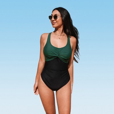 Women's Olive & Black Twist-Front One-Piece with Strappy Open Back - Cupshe