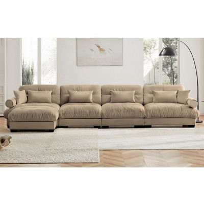 Aukfa Camel Velvet Large  Sofa with Bolster Armrests, Waist & Throw Pillows – Modern Couch for Living Room, Bedroom or Office