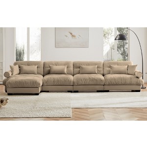 Aukfa Camel Velvet Large  Sofa with Bolster Armrests, Waist & Throw Pillows – Modern Couch for Living Room, Bedroom or Office - 1 of 4