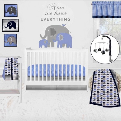 Gray and Blue Cotton Elephant Print Light-Filtering Curtain Panel